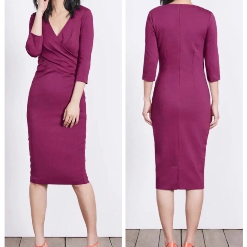Boden Camille Faux Wrap V-neck 3/4 Sleeves Knee Length Magenta Ponte Dress 10L